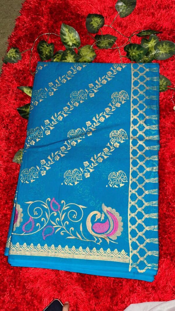 Royal Blue Pure Cotton Print Saree with Fancy Zari & Peacock Motif Work