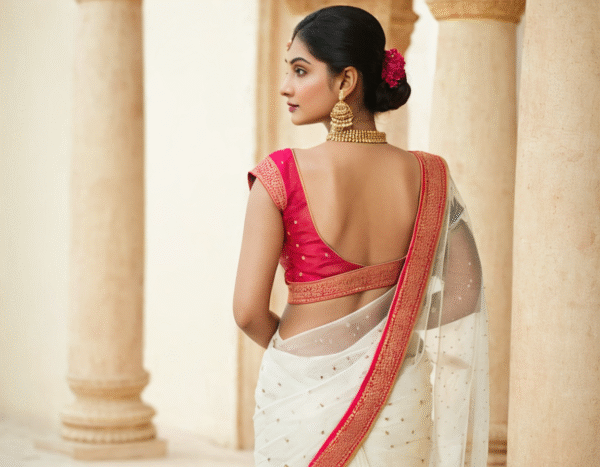 Elegant Red & White Chiffon Saree with Golden Zari Border