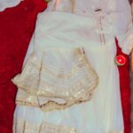 FABRIC; SILKY GEORGATE SET OF 3PIECE WHICH INCLUDES 1. FULL SLEEVE FROCK : ROUND NECK ,SLIGHLY DEEP BACK WITH DORI AND LATKAN 2.PAJAM 3. SO HEAVY DUPATTA