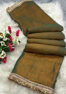 FABRIC : FENDI CHIFFON COLOR: GREEN TYPE : SHADE CHANGE EMBROIDARY : GOLDEN CUT STONE WORK