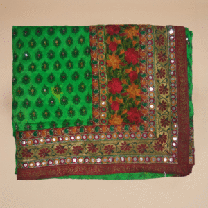 Green Satin Crepe Silk Saree with Cutting Mirror Work and Resham Border