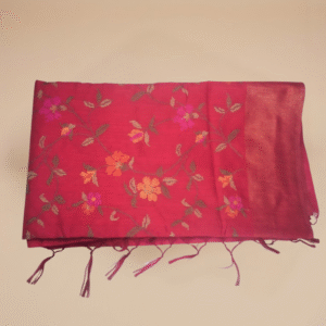 Tomato Red Musky Khadi Silky Cotton Saree with Full Thread Embroidery