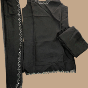 Black Georgette Mirror Work Sharara Suit Set (Stitched)