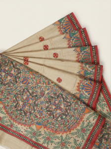 Pure Silk Madhubani Saree in Butterscotch Cream (Hand-Painted Mithila Art)