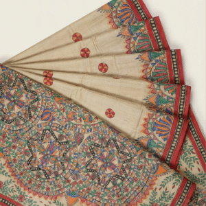 Pure Silk Madhubani Saree in Butterscotch Cream (Hand-Painted Mithila Art)