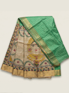 Dhecha Silk Saree with Handcrafted Mithila Painting & Zari Border