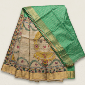 Dhecha Silk Saree with Handcrafted Mithila Painting & Zari Border