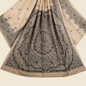 Cream Pure Tassar Silk Madhubani Hand-Painted Saree (Bhagalpuri)
