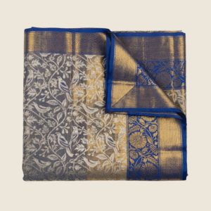 Royal Banarasi Kanjivaram Art Silk Saree in Silver-Grey with Blue & Gold Zari