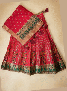 Rani Pink Raw Silk Semi-Stitched Lehenga with Golden Zari & Resham Embroidery