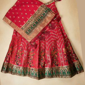 Rani Pink Raw Silk Semi-Stitched Lehenga with Golden Zari & Resham Embroidery