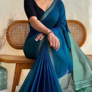 Teal–Pistachio Handloom Cotton Saree – Dual-Tone Color Block | Fine Silver Zari Border | Soft & Elegant Drape