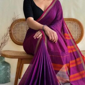 Deep Berry Purple Handloom Cotton-Silk Saree – Contrast Striped Pallu | Gold Zari Edge | Soft & Elegant Drape