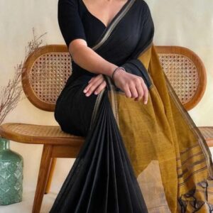 Black Handloom Cotton Saree – Golden Pallu Contrast | Silver Zari Border | Soft & Elegant Drape