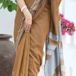 Earthy Tan Handloom Cotton Saree – Light Grey Contrast Pallu | Woven Border | Minimal & Elegant Look