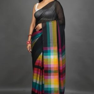 Black Charcoal Rangoli Chequered Saree – Cotton Silk with Kota Doria | Multicolored Woven Checks | Festival-Ready Look