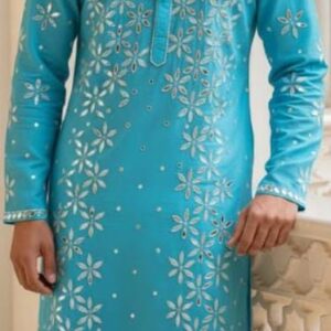 Teal Mirror Work Kurta Set – Raw Silk Kurta with Floral Buta Embroidery & White Cotton/Chanderi Bottom