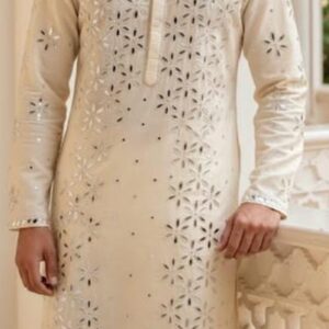 Ivory Mirror Work Kurta Set – Raw Silk Kurta with Floral Buta Embroidery & White Cotton/Chanderi Bottom