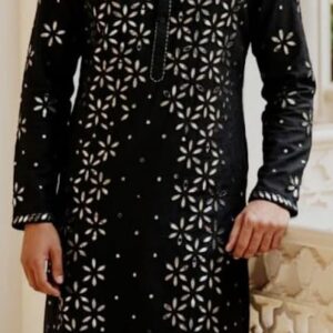 Black Mirror Work Kurta Set – Raw Silk Kurta with Floral Buta Embroidery & Black Cotton/Chanderi Bottom