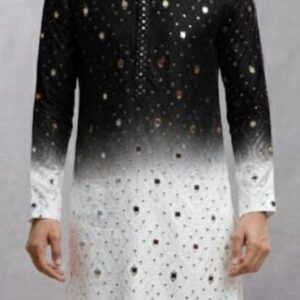 Abhla Ombre Mirror Kurta Set – Black to Ivory Gradient | Bandhgala Collar | Contemporary Ethnic Elegance