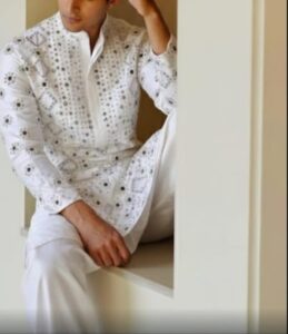 NOOR by BihariThreads – Ivory Silk Blend Kurta Set with Hand-Embroidered Mirror & Thread Work