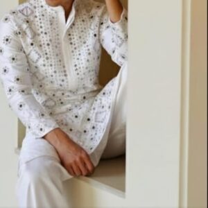 NOOR by BihariThreads – Ivory Silk Blend Kurta Set with Hand-Embroidered Mirror & Thread Work