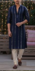 NEEL Kurta Set – Handwoven Cotton Silk with Bihari Mirror Motifs | Indigo Blue & Ivory | Biharithreads