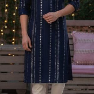 NEEL Kurta Set – Handwoven Cotton Silk with Bihari Mirror Motifs | Indigo Blue & Ivory | Biharithreads