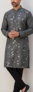 Neel Aakash Handcrafted Cotton Silk Kurta – Abstract Hand-Painted Splatter with Mirror Accents | Charcoal Grey