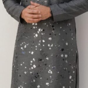 Neel Aakash Handcrafted Cotton Silk Kurta – Abstract Hand-Painted Splatter with Mirror Accents | Charcoal Grey