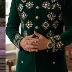 Raj Darbar Velvet Kurta – Emerald Green Zardozi & Resham Embroidery | Regal Festive Wear