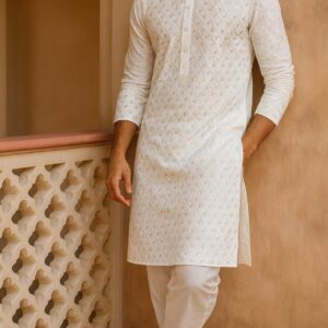 Shwet Kamal Handcrafted Kurta – Pure Handwoven Cotton | All-Over Bihar-Inspired Embroidery | Ivory Elegance