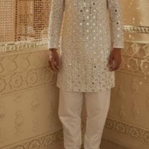 Rajya Noor Handcrafted Kurta – Cream Cotton Silk with All-Over Mirror Jaal | Elegant Festive Classic