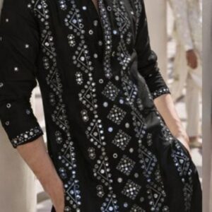 Noor-e-Bihar Hand-Embroidered Black Cotton-Silk Kurta with Mirror & Thread Detailing