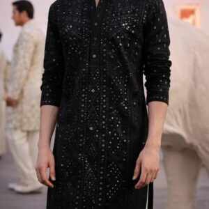 Gajraj Noor Black Kurta Set – Modal Silk Kurta with Tonal Embroidery & Ivory Cotton Silk Bottom