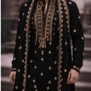 Mughal Noir Velvet Sherwani Set – Antique Gold Zari Work with Chanderi Dupatta