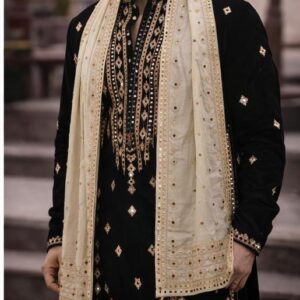 Noor-e-Shah Kala Sherwani Set – Velvet Royal Black with Antique Gold Zari & Chanderi Silk Dupatta
