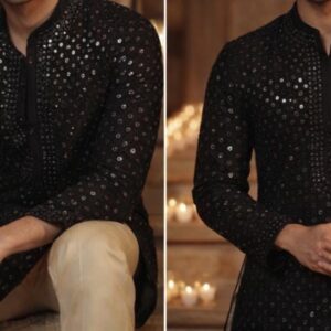 Noor-e-Raat Handcrafted Black Kurta – Mirror Embroidered Cotton Silk Blend