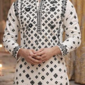 Ivory Handwoven Cotton Silk Kurta with Black Mirror Embroidery | Classic Mandaric Collar | Premium Ethnic Wear