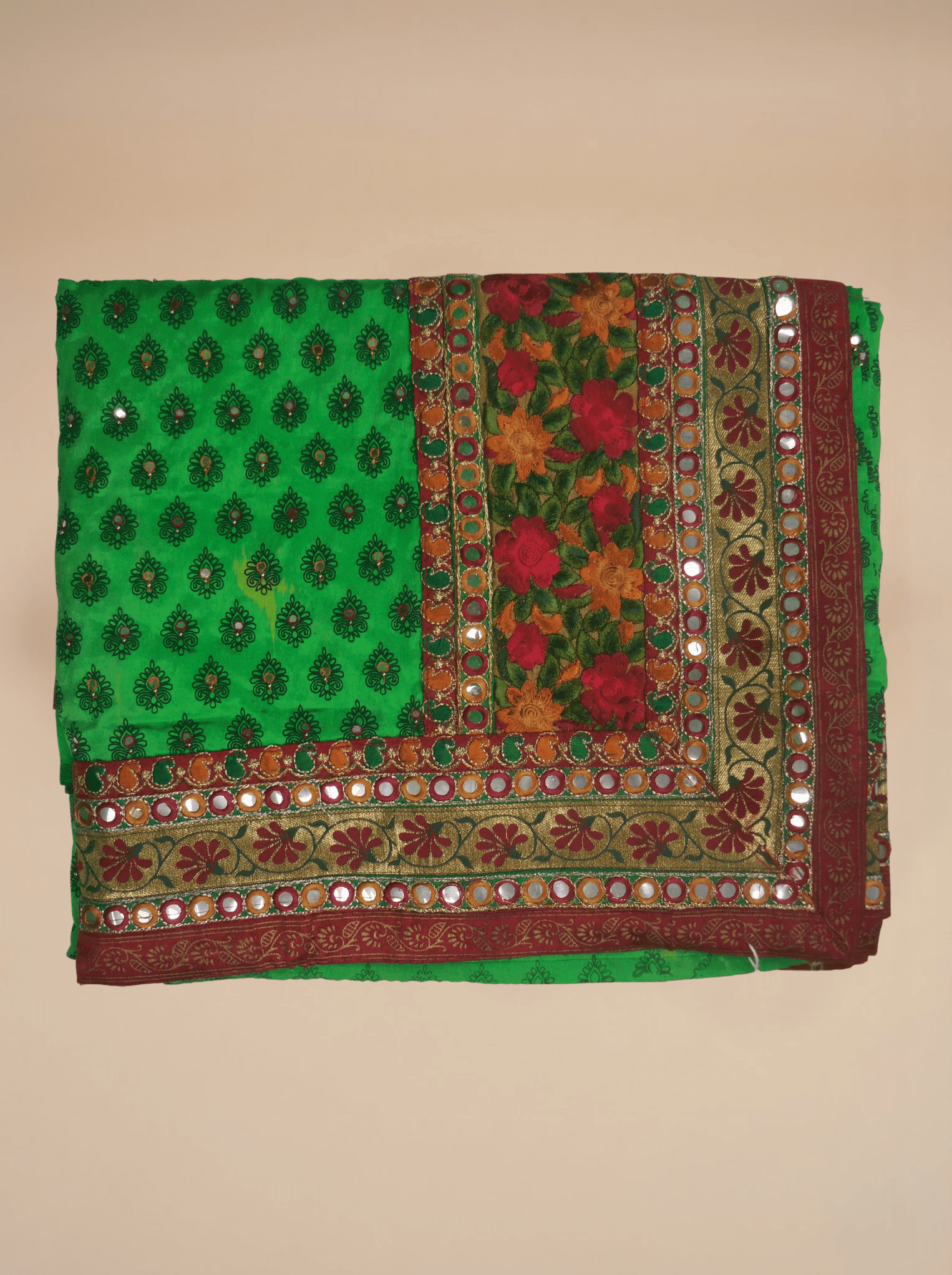 Green Satin Crepe Silk Saree with Cutting Mirror Work and Resham Border