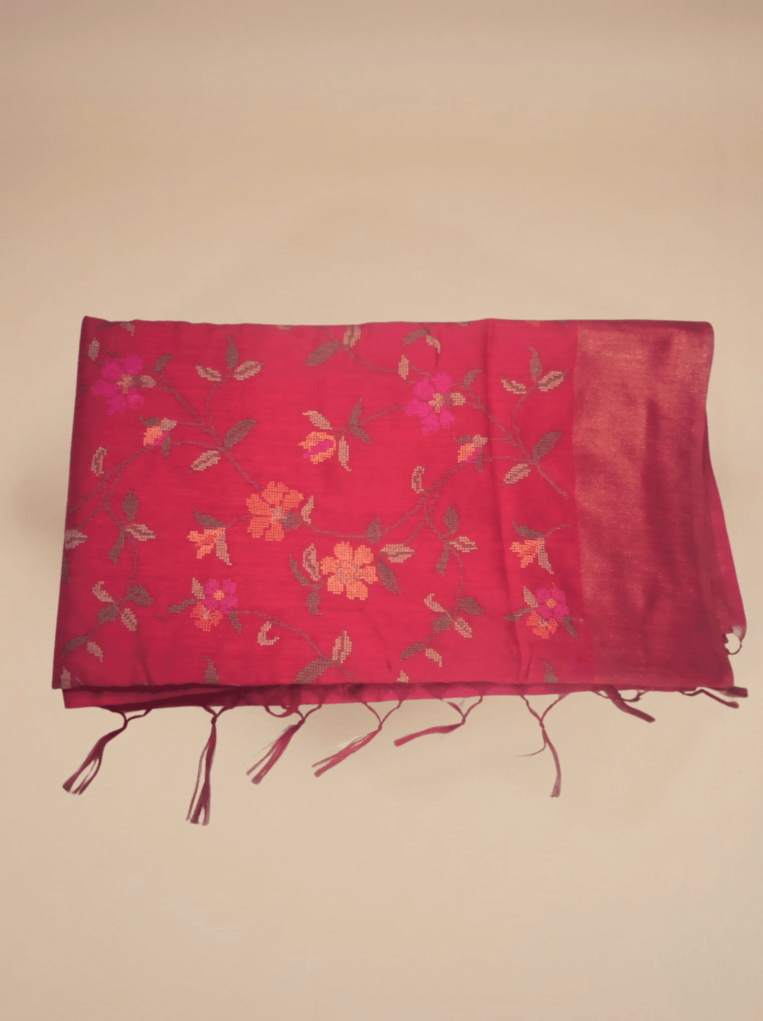 Tomato Red Musky Khadi Silky Cotton Saree with Full Thread Embroidery