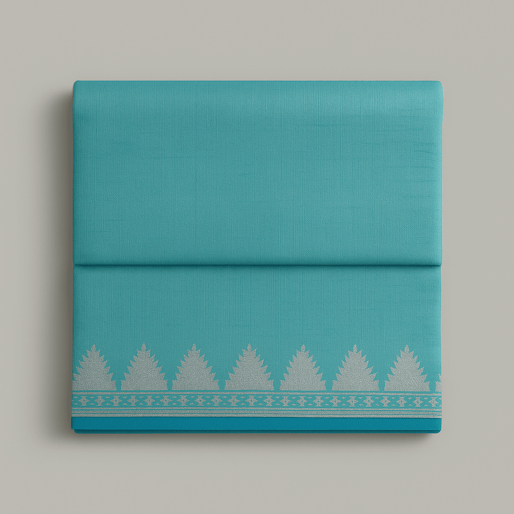 Sky Blue Khadi Cotton Saree with Silver Pyramidal Traditional Border Design